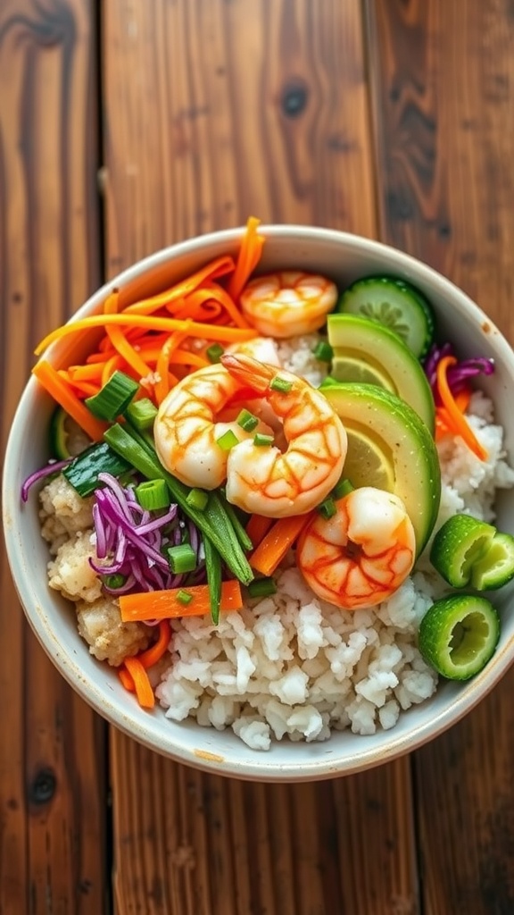 A colorful shrimp poke bowl with marinated shrimp, sushi rice, avocado, cucumber, and carrots, garnished with sesame seeds.